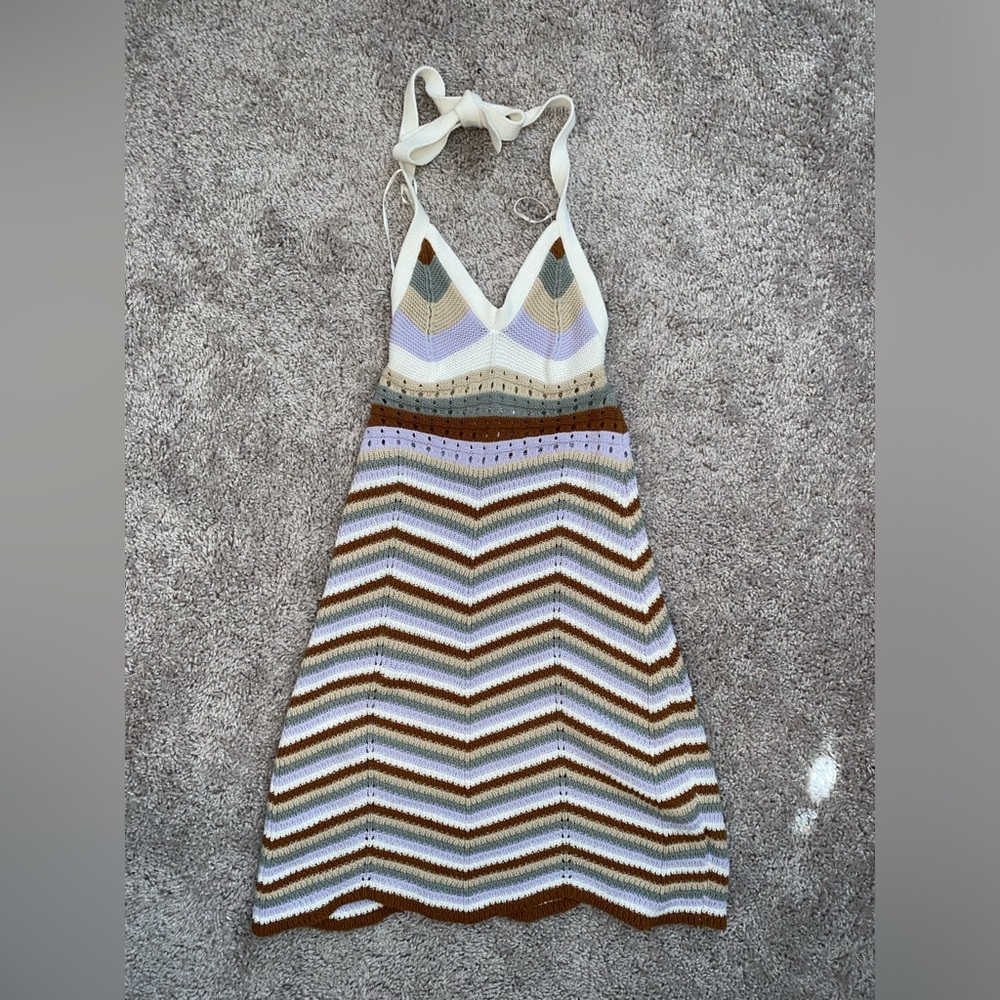 Pink Rose White and Tan Asymmetrical Ruffled Halter Sundress